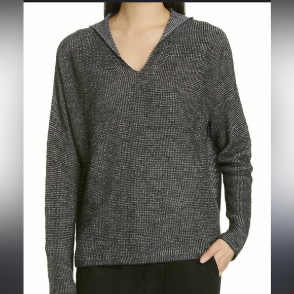 Eileen Fisher Gray Organic Linen Hooded Waffle Pullover Sweater Top XL - Picture 1 of 9